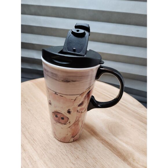 Piggy Ceramic Travel Mug – Cypress Home, Farm Animal Coffee Cup - Picture 3 of 8